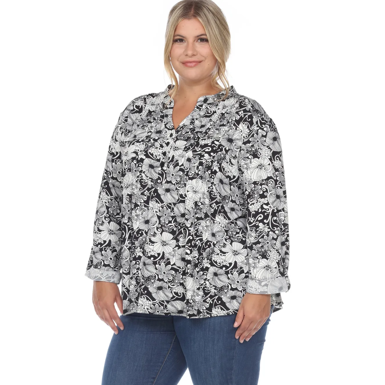 Pleated Long Sleeve Floral Print Blouse - Plus