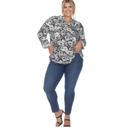 Pleated Long Sleeve Floral Print Blouse - Plus