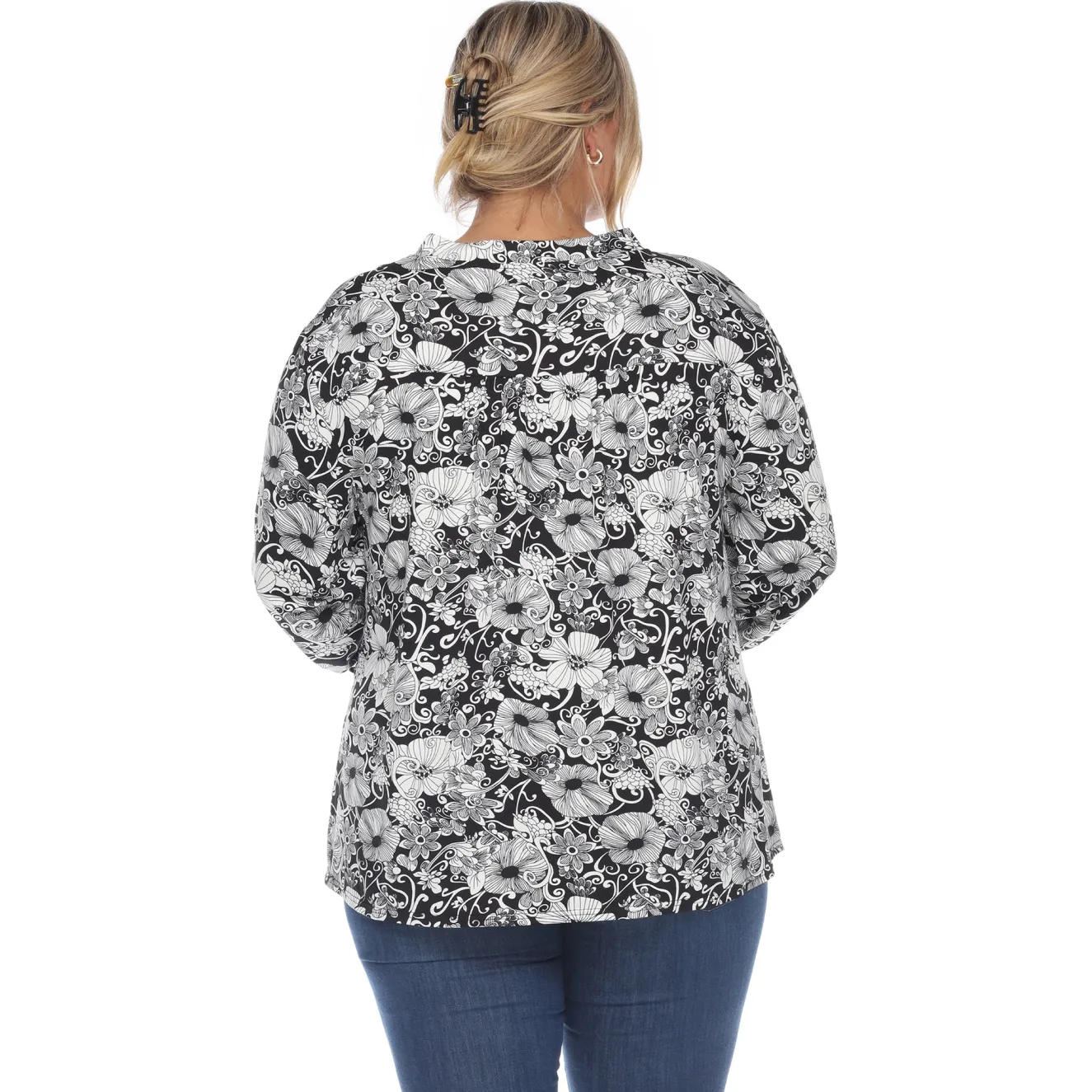 Pleated Long Sleeve Floral Print Blouse - Plus