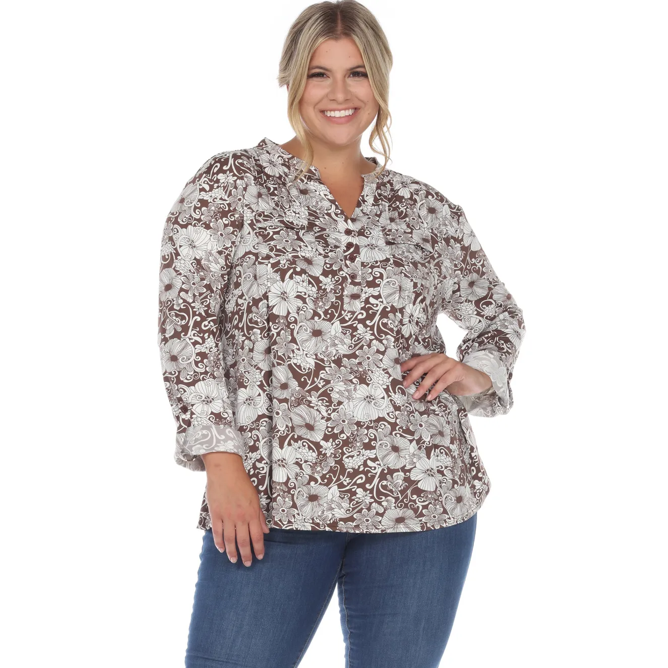 Pleated Long Sleeve Floral Print Blouse - Plus