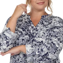 Pleated Long Sleeve Floral Print Blouse - Plus