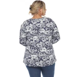 Pleated Long Sleeve Floral Print Blouse - Plus