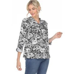 Pleated Long Sleeve Floral Print Blouse