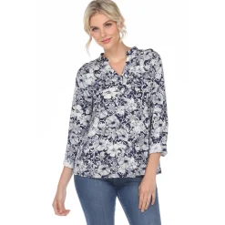 Pleated Long Sleeve Floral Print Blouse