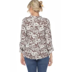 Pleated Long Sleeve Floral Print Blouse