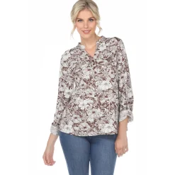 Pleated Long Sleeve Floral Print Blouse