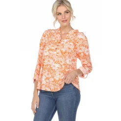 Pleated Long Sleeve Floral Print Blouse