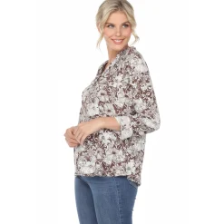 Pleated Long Sleeve Floral Print Blouse
