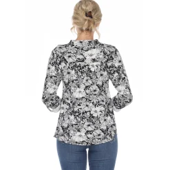 Pleated Long Sleeve Floral Print Blouse