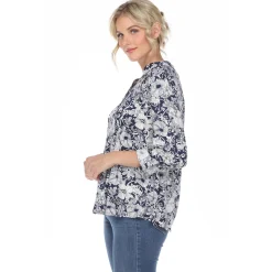 Pleated Long Sleeve Floral Print Blouse