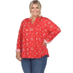 Pleated Long Sleeve Leaf Print Blouse - Plus