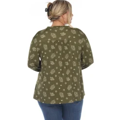Pleated Long Sleeve Leaf Print Blouse - Plus