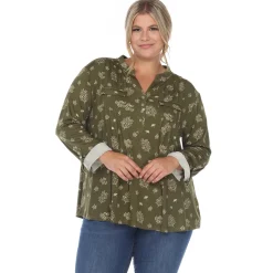 Pleated Long Sleeve Leaf Print Blouse - Plus