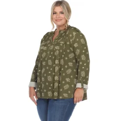 Pleated Long Sleeve Leaf Print Blouse - Plus