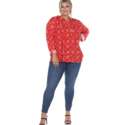 Pleated Long Sleeve Leaf Print Blouse - Plus