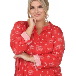 Pleated Long Sleeve Leaf Print Blouse - Plus
