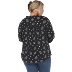 Pleated Long Sleeve Leaf Print Blouse - Plus
