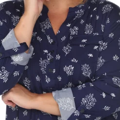 Pleated Long Sleeve Leaf Print Blouse - Plus
