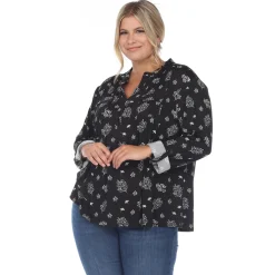 Pleated Long Sleeve Leaf Print Blouse - Plus