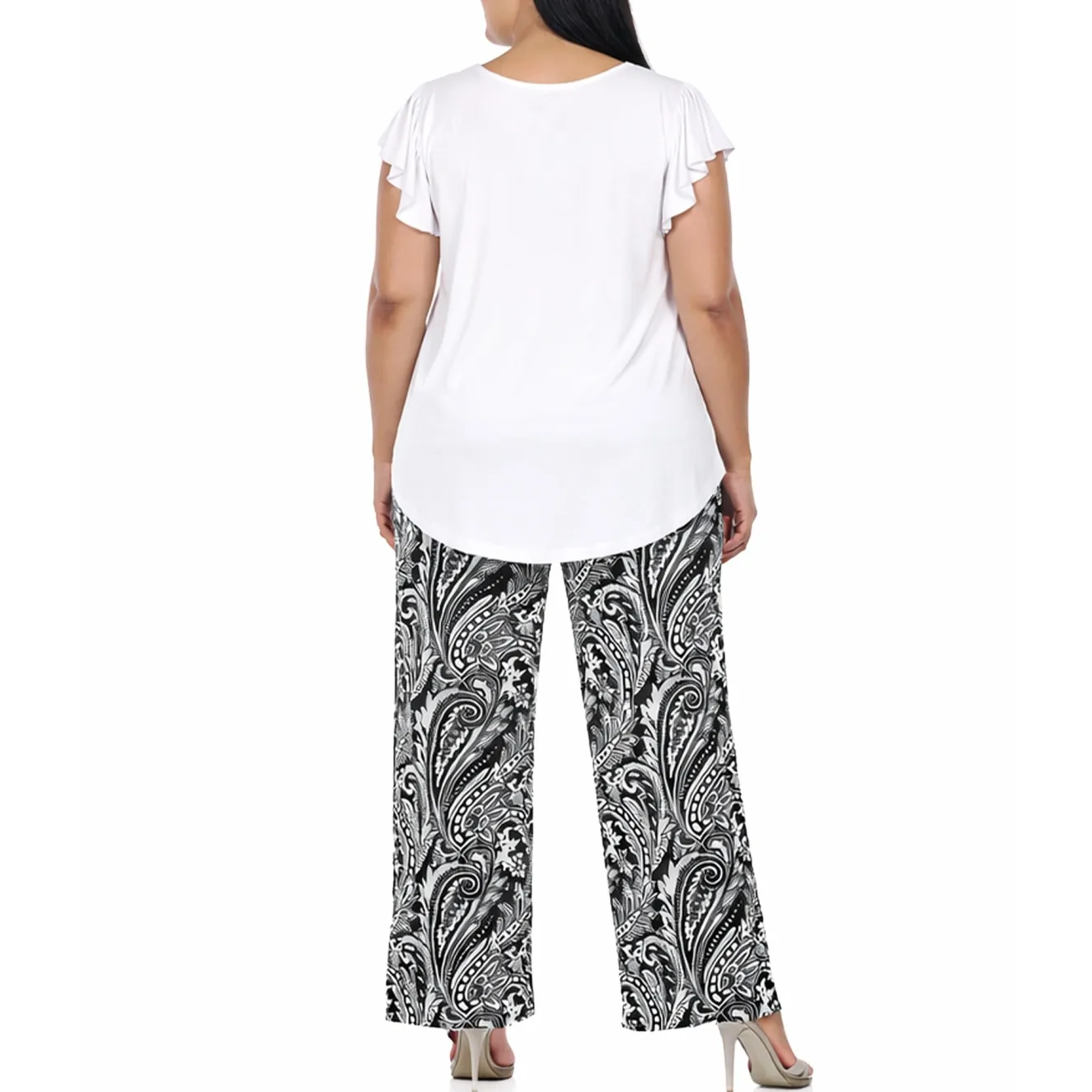 Plus Size Ruffle Sleeve Top & Printed Pant Set