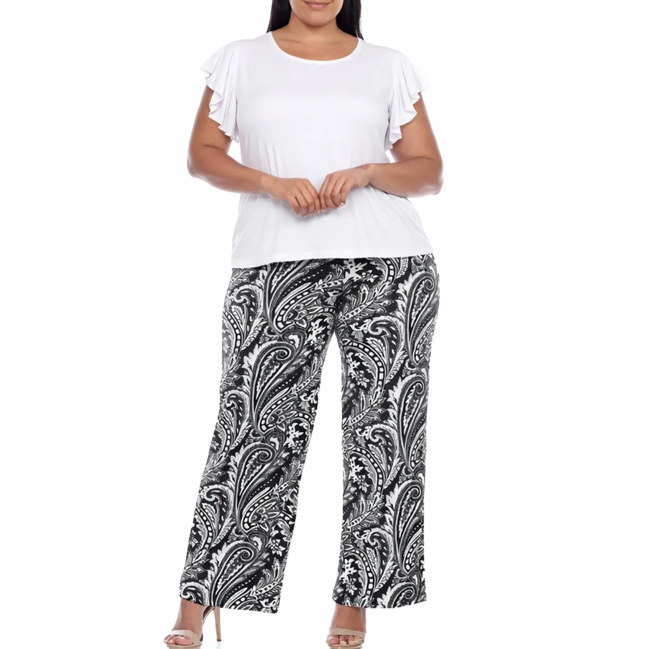 Plus Size Ruffle Sleeve Top & Printed Pant Set