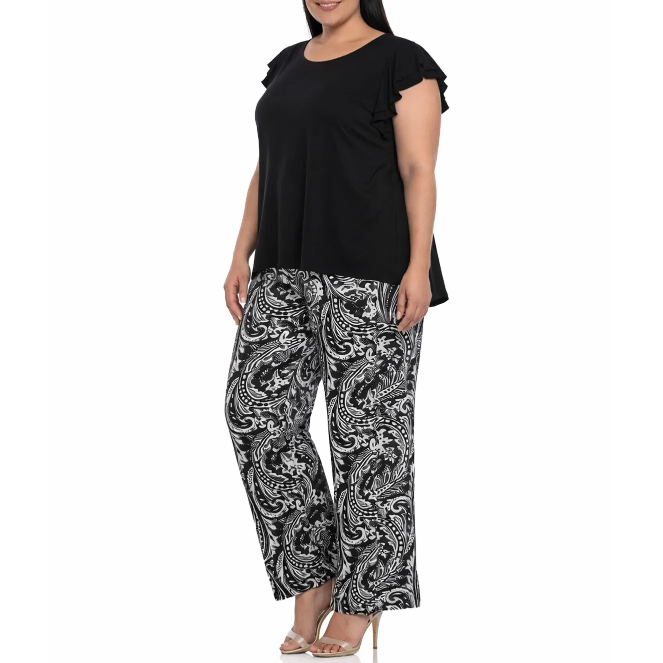 Plus Size Ruffle Sleeve Top & Printed Pant Set