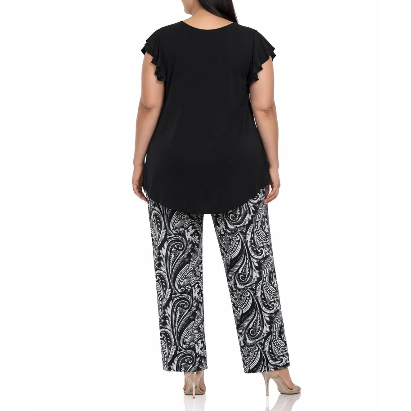 Plus Size Ruffle Sleeve Top & Printed Pant Set