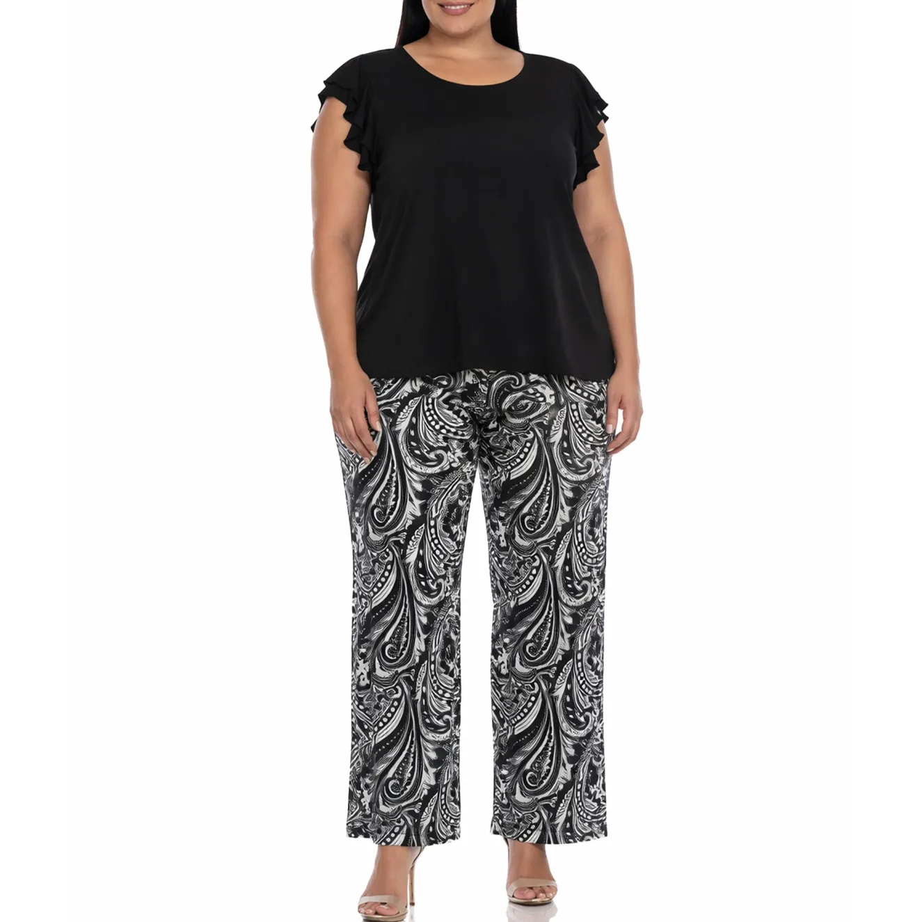 Plus Size Ruffle Sleeve Top & Printed Pant Set