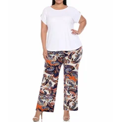 Plus Size Solid Top & Paisley Print Pant Set