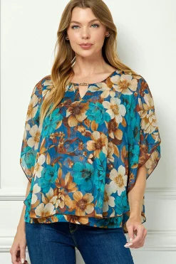 Poncho Tank Cutout Trim Mix Media Blouse in Turquoise