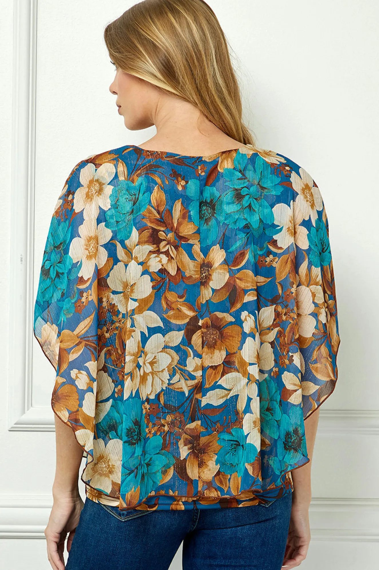 Poncho Tank Cutout Trim Mix Media Blouse in Turquoise