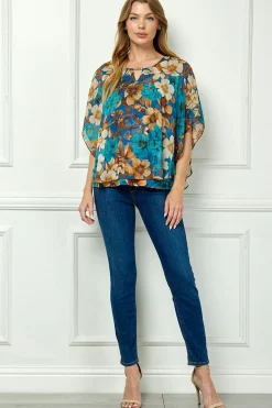 Poncho Tank Cutout Trim Mix Media Blouse in Turquoise