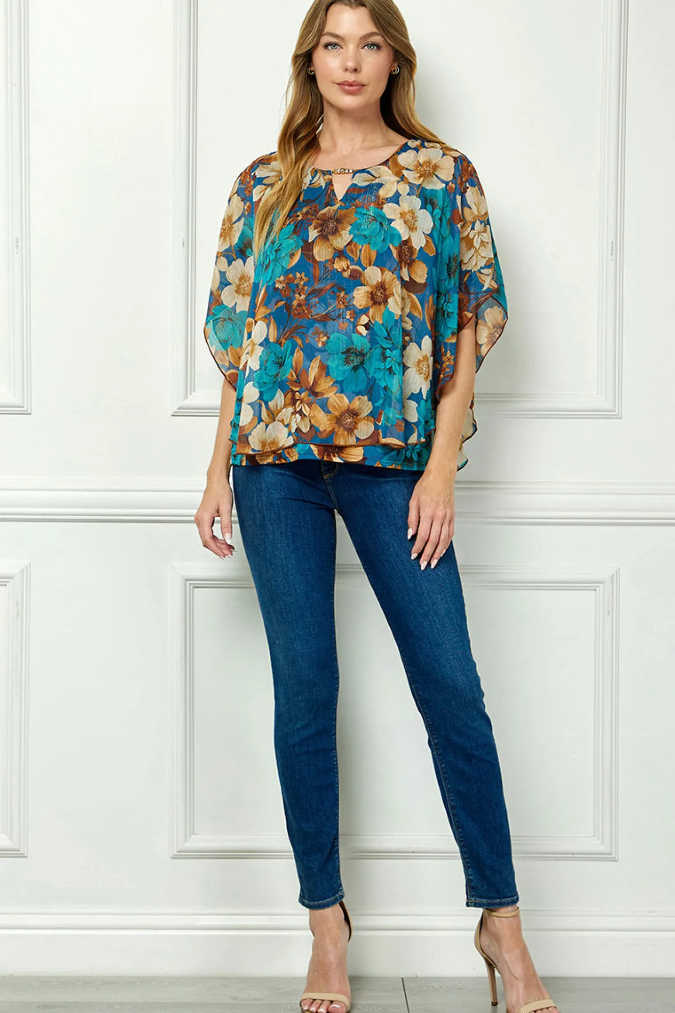 Poncho Tank Cutout Trim Mix Media Blouse in Turquoise