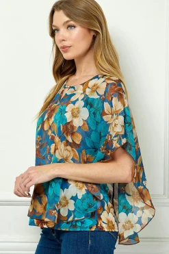 Poncho Tank Cutout Trim Mix Media Blouse in Turquoise