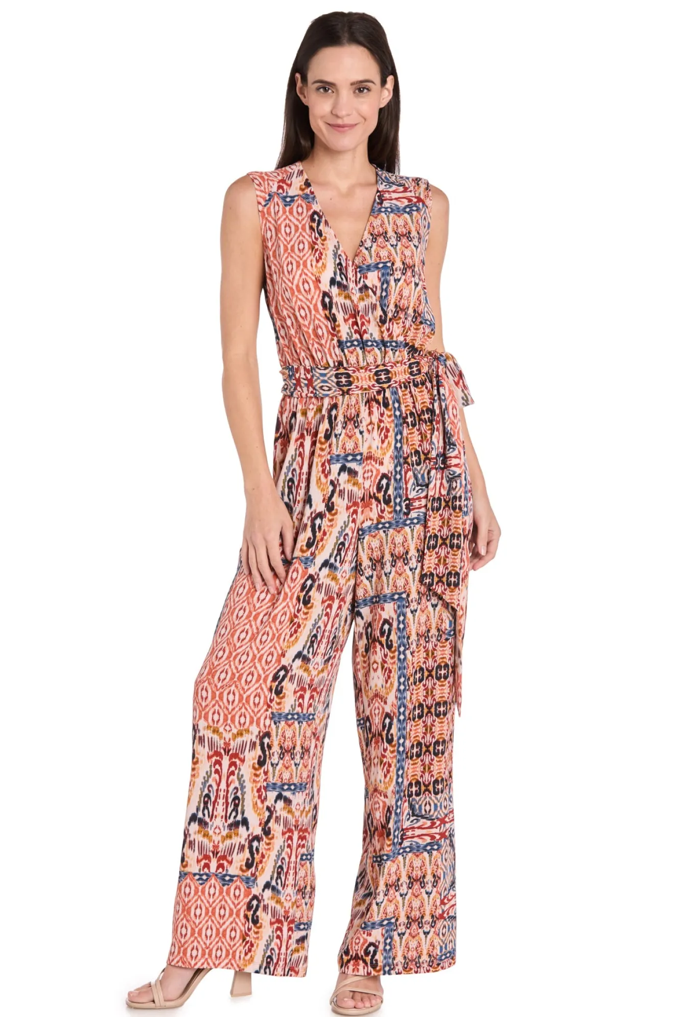 Printed Ikat Surplice Jumpsuit with Self Belt