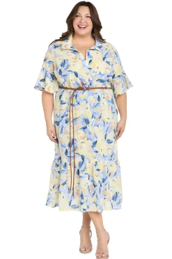 Printed Midi Shirt Dress with Bell Sleeve and Belt - Plus