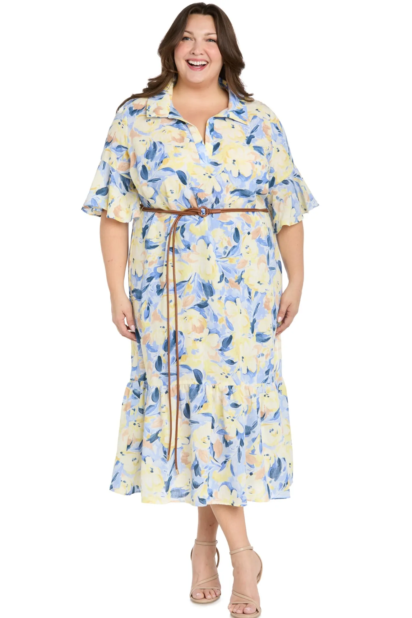 Printed Midi Shirt Dress with Bell Sleeve and Belt - Plus