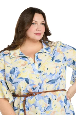 Printed Midi Shirt Dress with Bell Sleeve and Belt - Plus