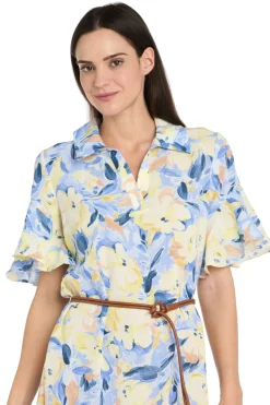 Printed Midi Shirt Dress with Bell Sleeve and Belt - Petite