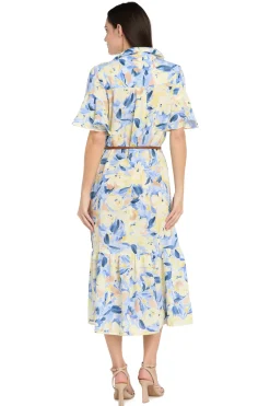 Printed Midi Shirt Dress with Bell Sleeve and Belt - Petite