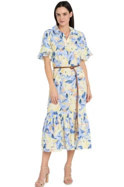 Printed Midi Shirt Dress with Bell Sleeve and Belt