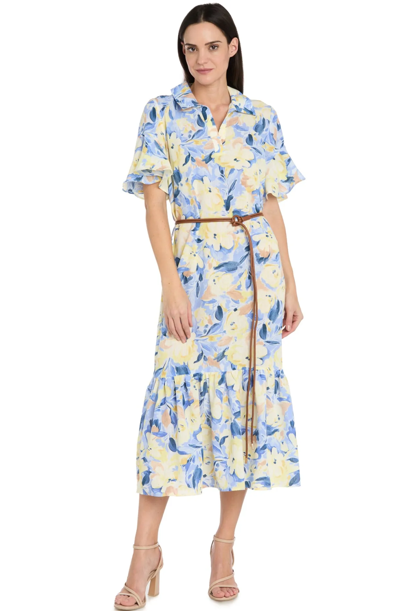 Printed Midi Shirt Dress with Bell Sleeve and Belt