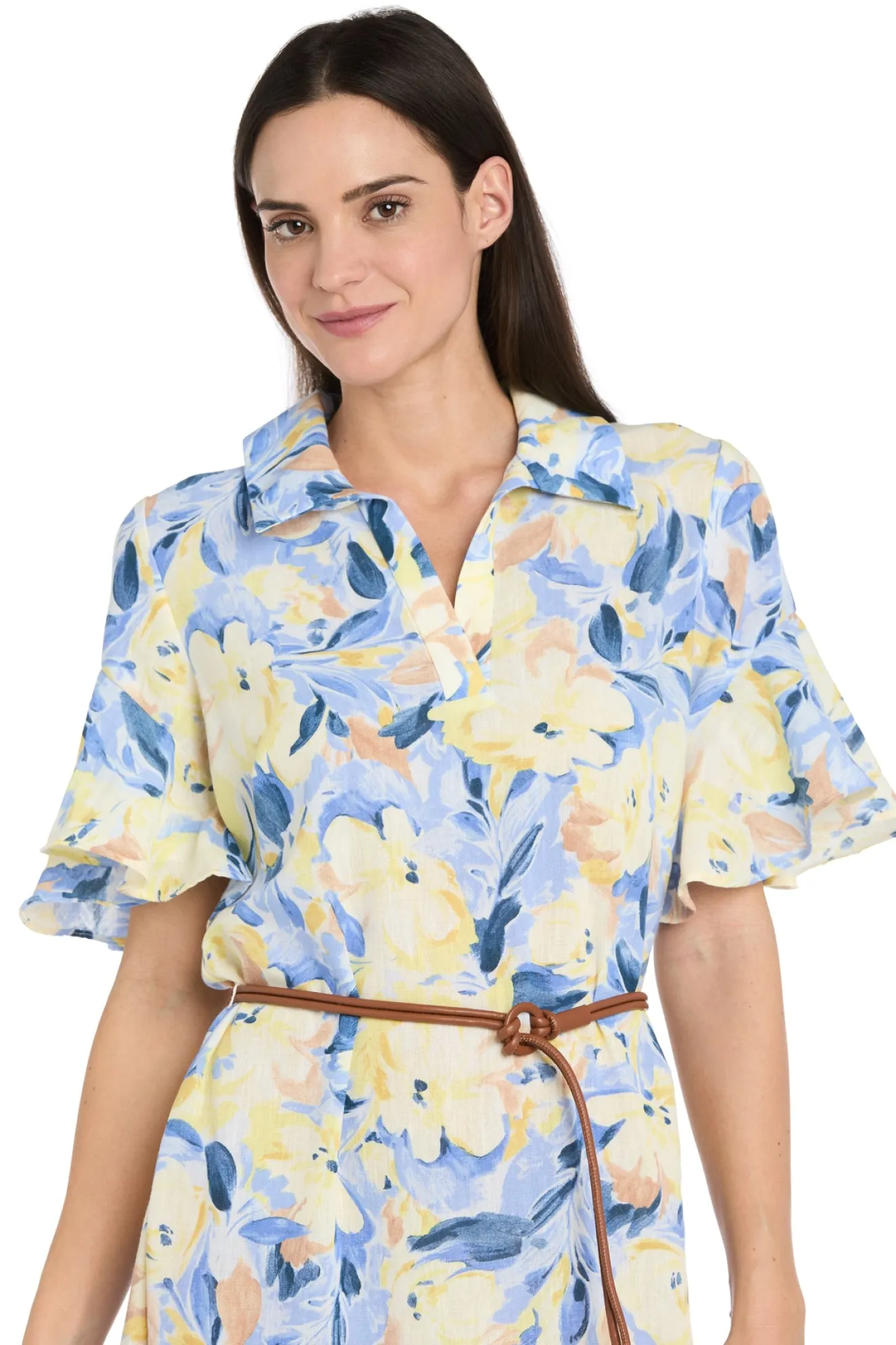 Printed Midi Shirt Dress with Bell Sleeve and Belt