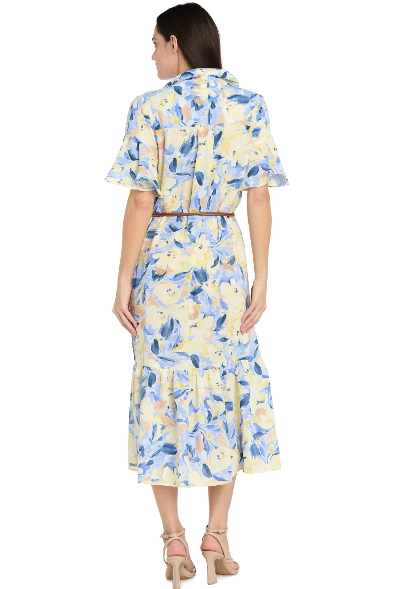 Printed Midi Shirt Dress with Bell Sleeve and Belt