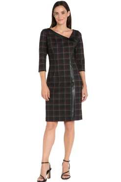 Printed Plaid Ponte Shift with Faux Leather Trim - Petite