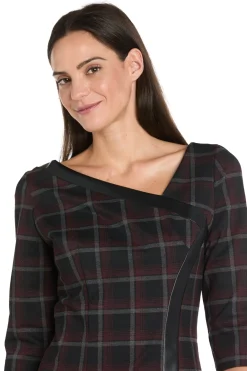 Printed Plaid Ponte Shift with Faux Leather Trim - Petite