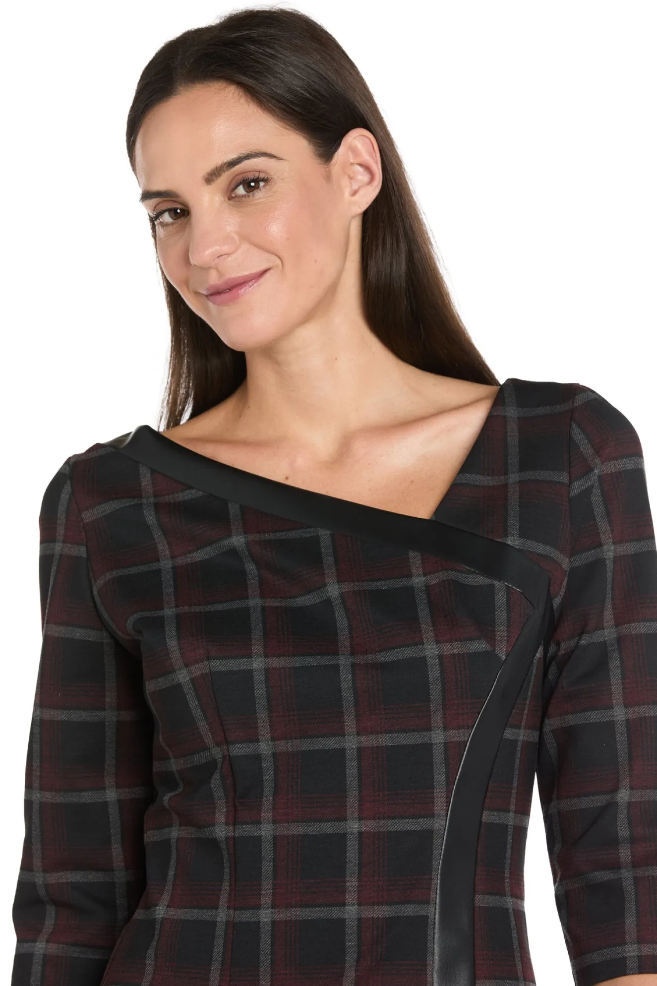 Printed Plaid Ponte Shift with Faux Leather Trim - Petite
