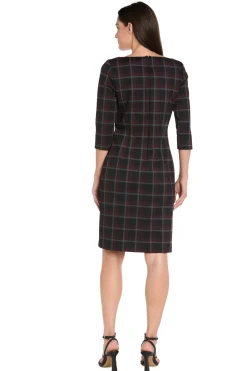 Printed Plaid Ponte Shift with Faux Leather Trim - Petite