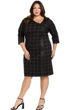 Printed Plaid Ponte Shift with Faux Leather Trim- Plus