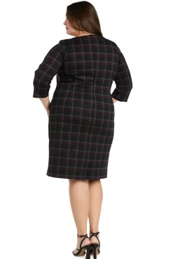 Printed Plaid Ponte Shift with Faux Leather Trim- Plus